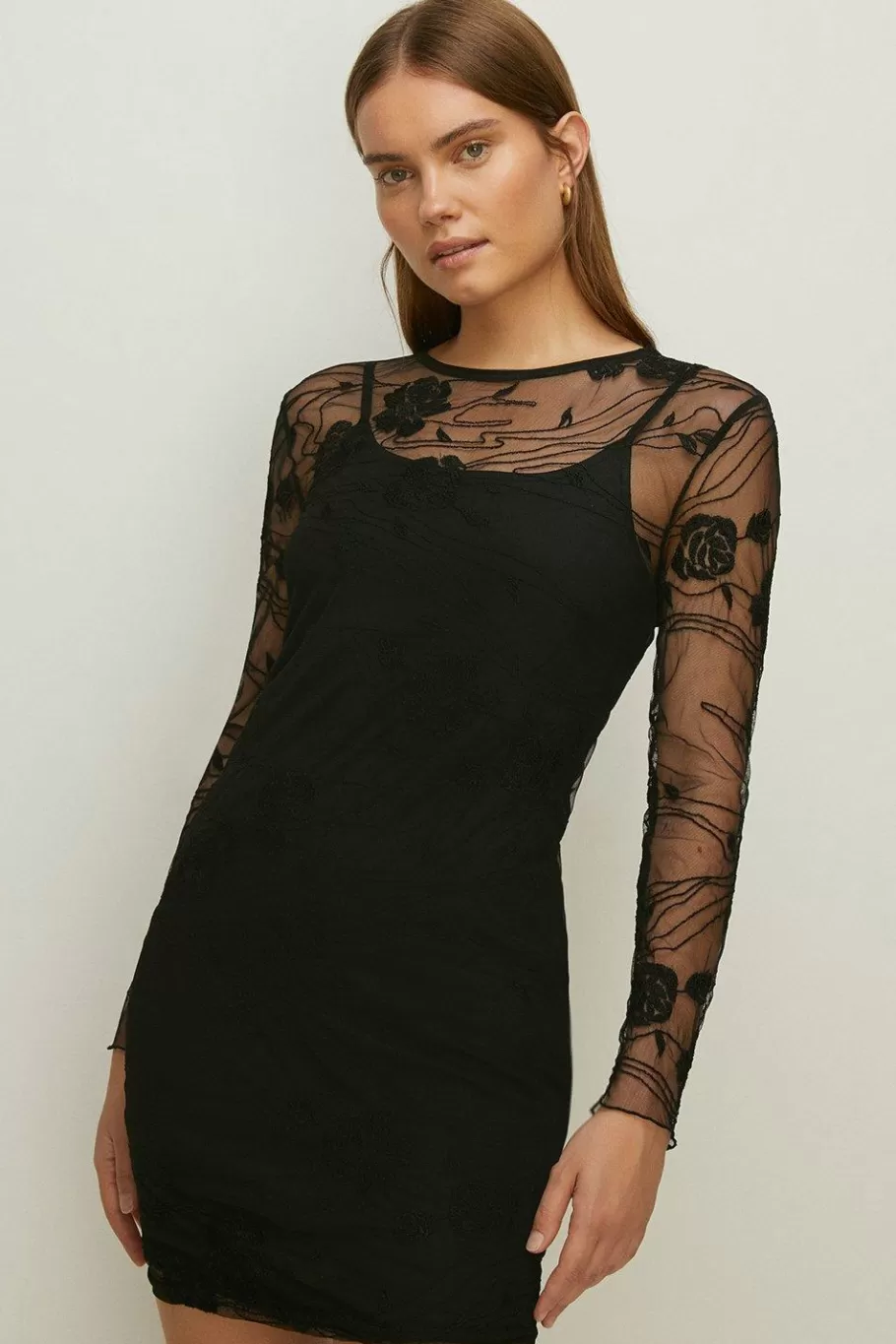 Oasis Embroidered Mesh Tie Back Mini Dress Black Flash Sale