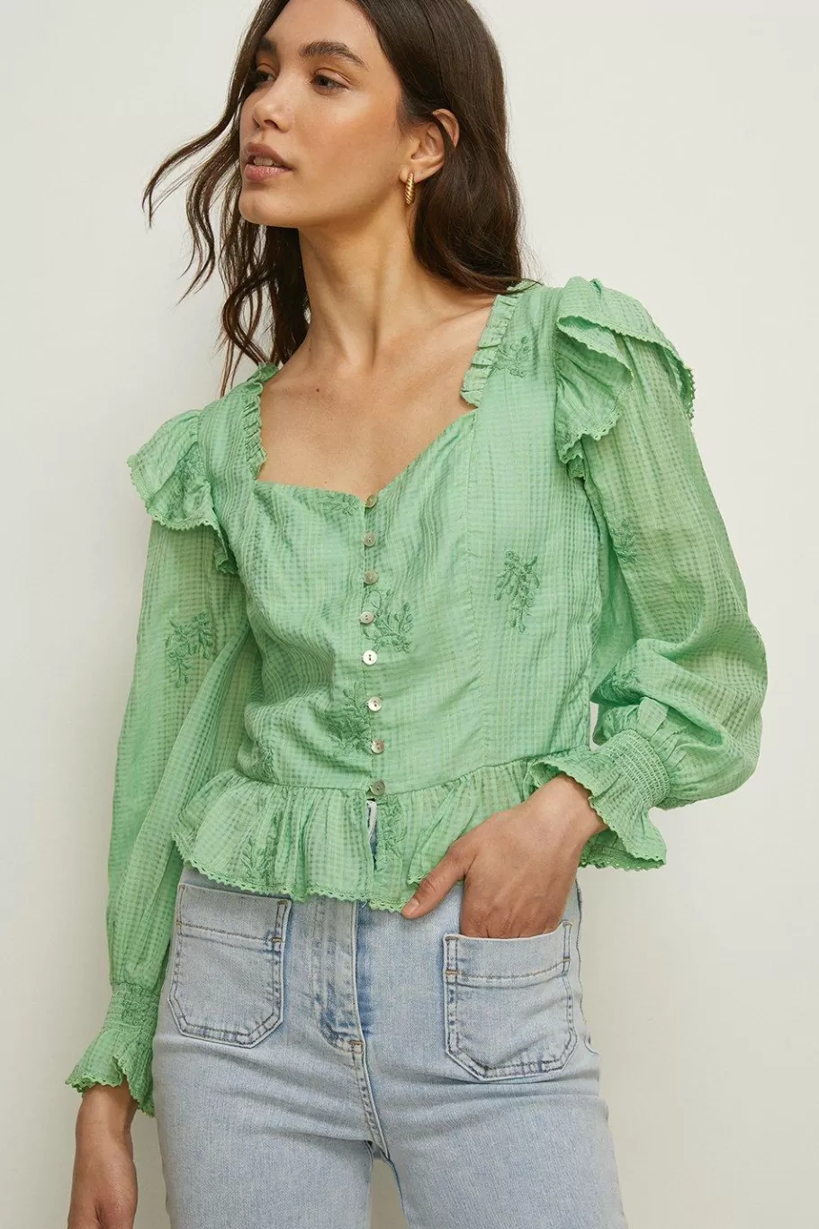 Oasis Embroidered Ruffle Tea Blouse Apple Green Fashion