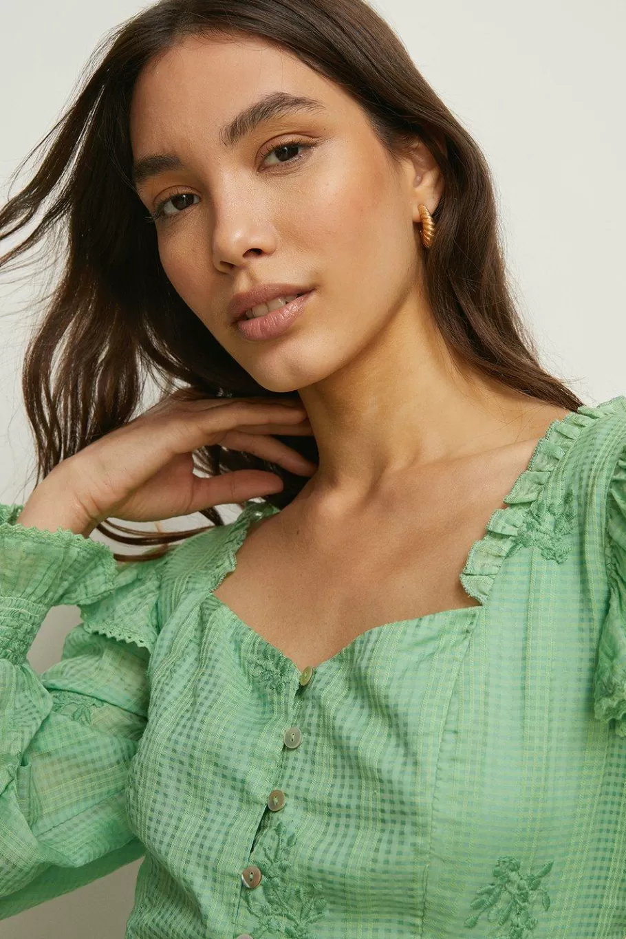 Oasis Embroidered Ruffle Tea Blouse Apple Green Fashion