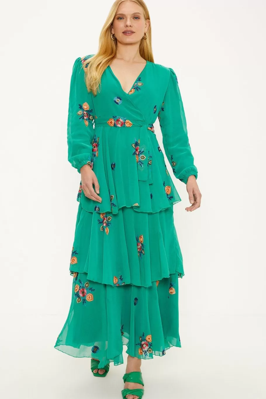 Oasis Embroidered Tiered Ruffle Wrap Midi Dress Green Outlet