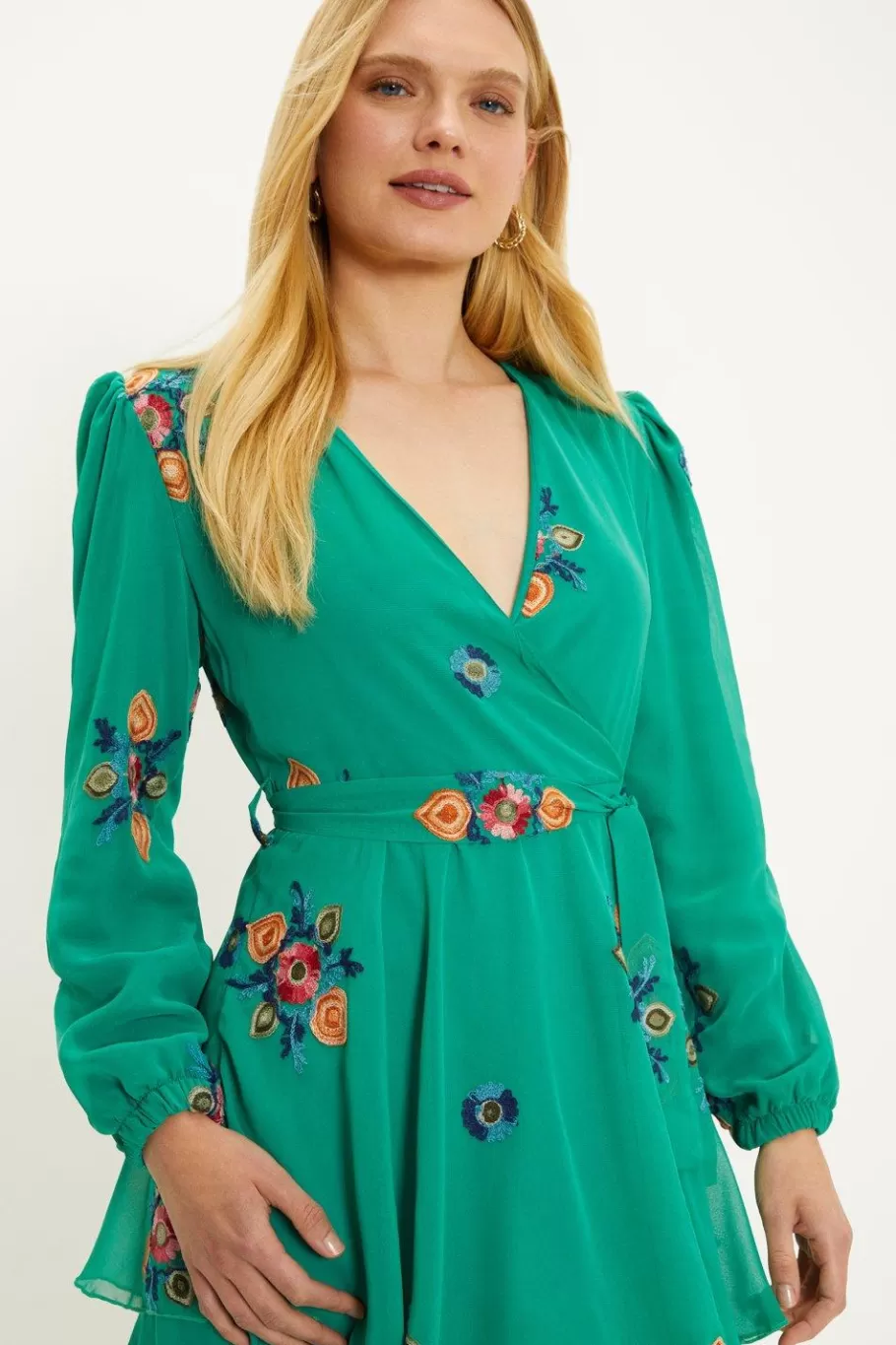 Oasis Embroidered Tiered Ruffle Wrap Midi Dress Green Outlet