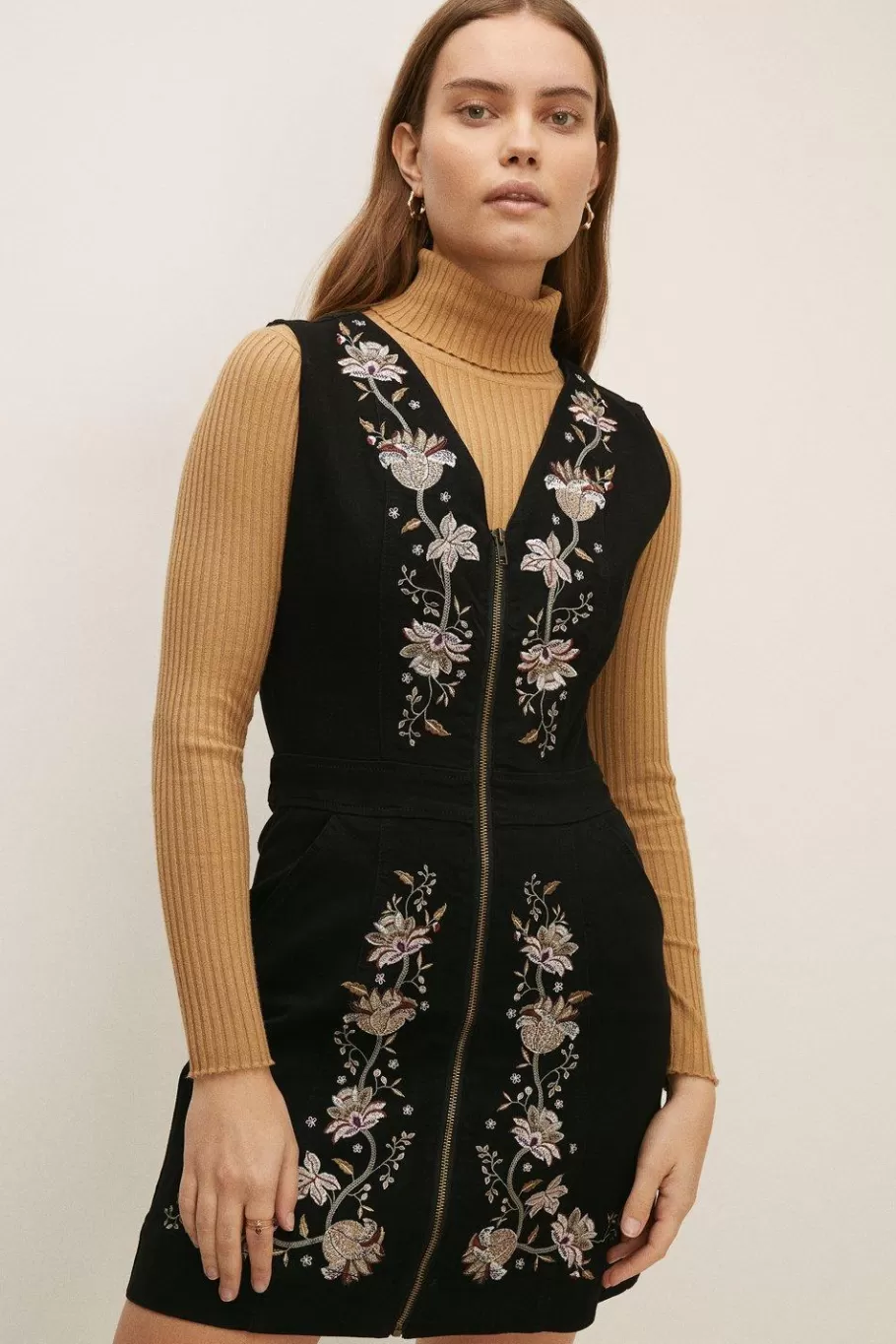 Oasis Embroidered Zip Through Denim Dress Black Flash Sale