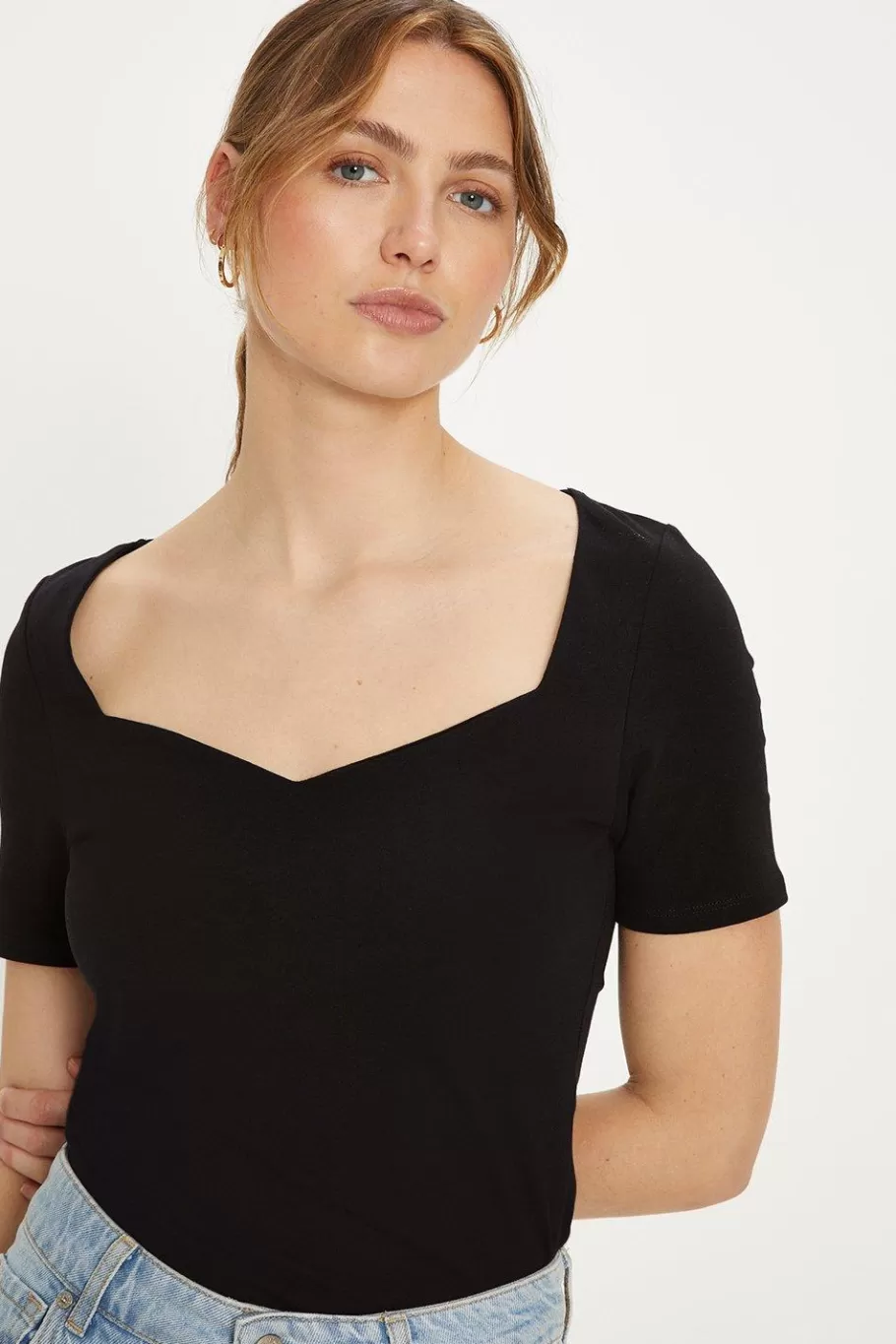 Oasis Essential Cotton Short Sleeved Sweetheart Top Black Fashion