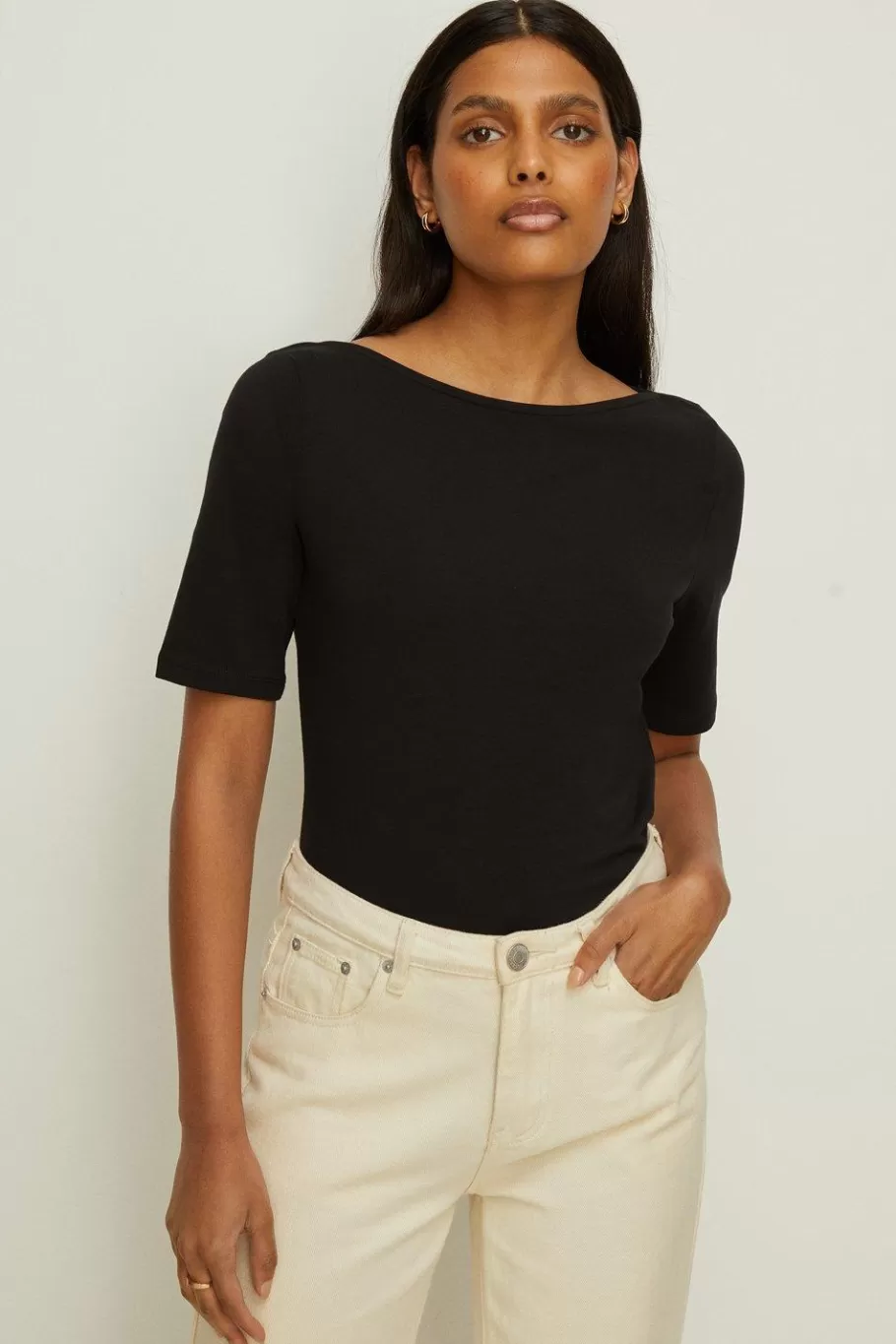 Oasis Essential Cotton Slash Neck Jersey Top Black Flash Sale