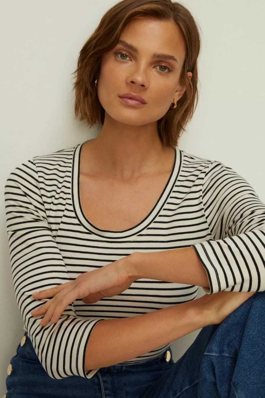 Oasis Essential Cotton Stripe Scoop Neck Top Navy Online