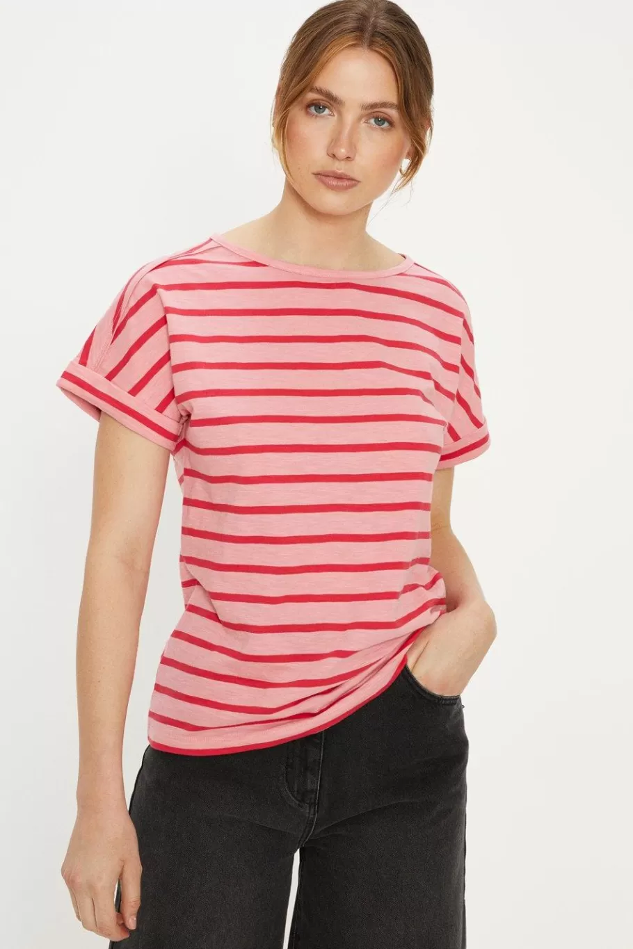 Oasis Essential Cotton Tonal Stripe Roll Sleeve Slub T-Shirt Pink Best