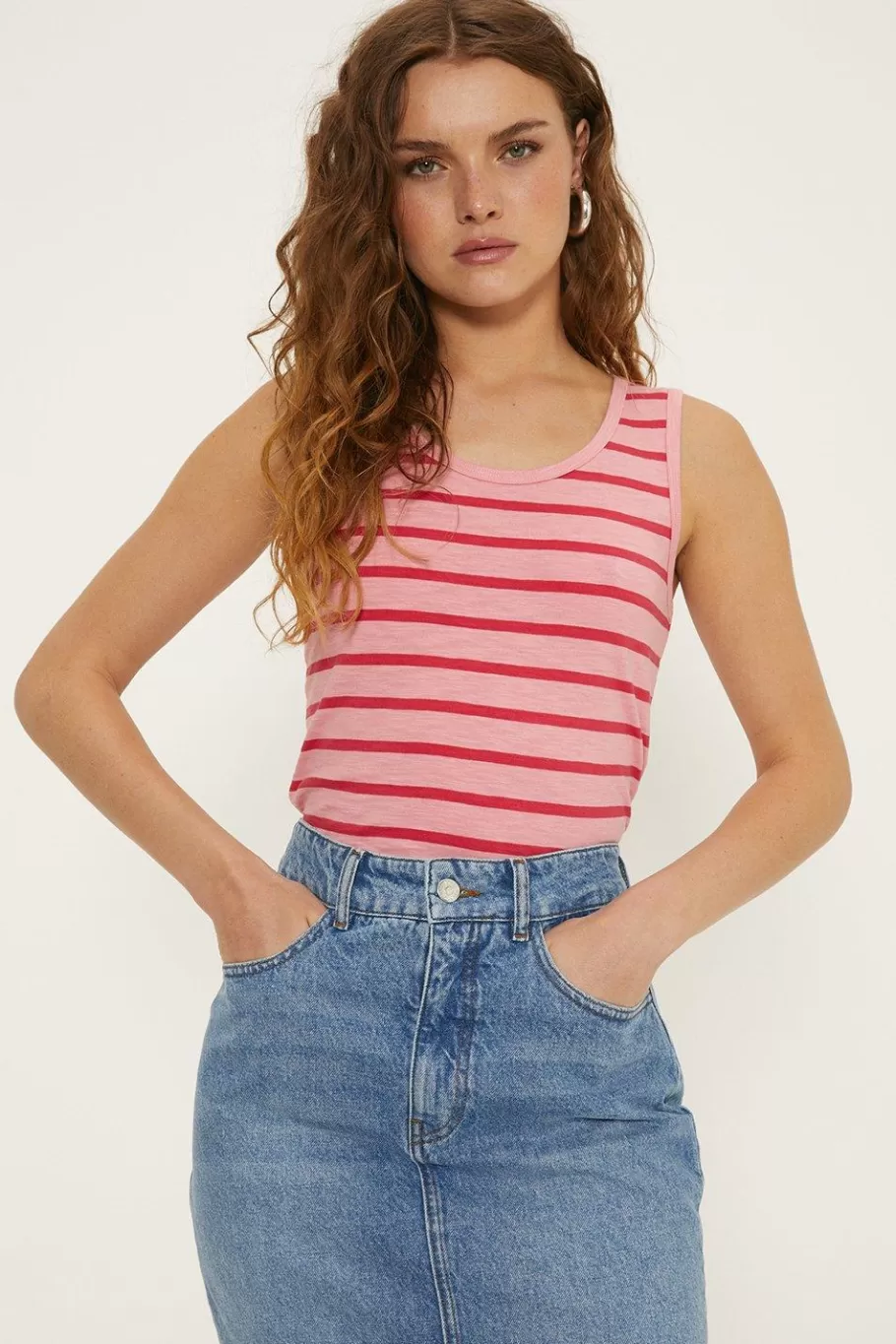 Oasis Essential Cotton Tonal Stripe Vest Pink Best Sale