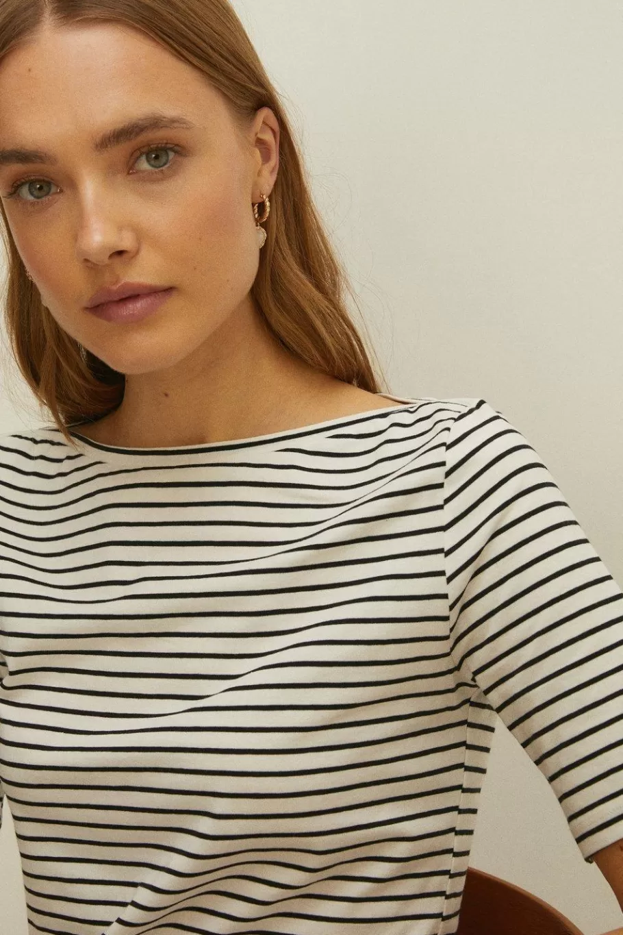 Oasis Essential Stripe Cotton Slash Neck Top Navy Fashion