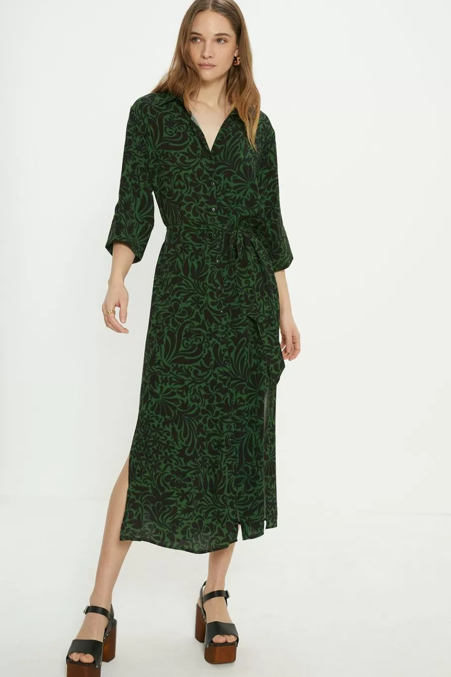 Oasis Essential Swirl Printed Belted Shirt Dress Dark Green Sale