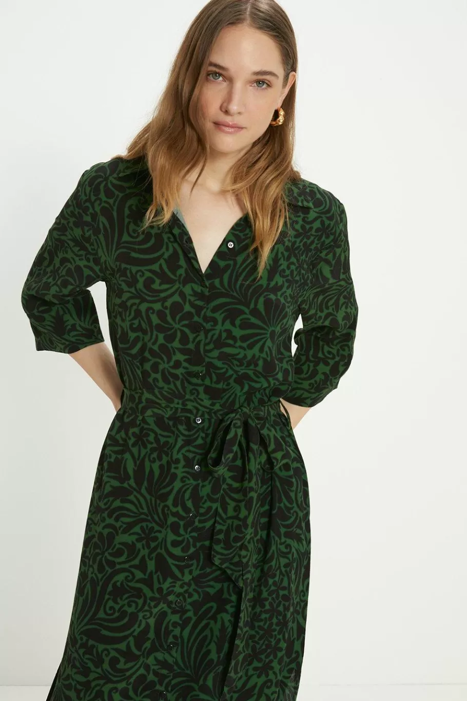 Oasis Essential Swirl Printed Belted Shirt Dress Dark Green Sale