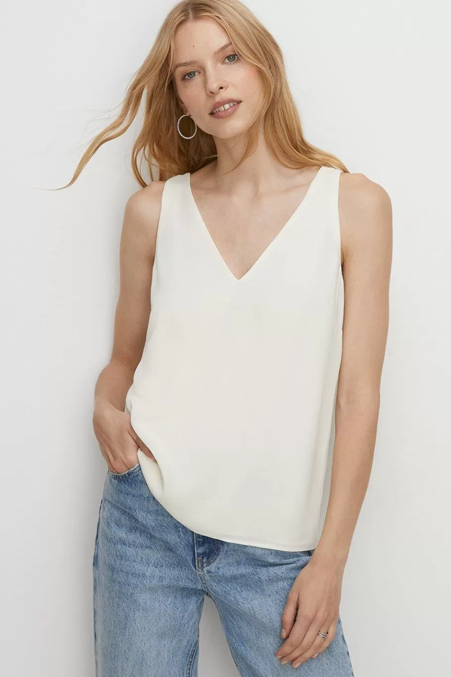 Oasis Essential Woven V Neck Vest Ivory Clearance