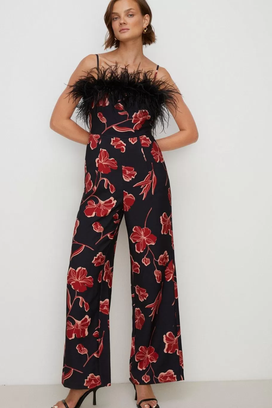 Oasis Faux Feather Detail Bardot Jumpsuit Multi Flash Sale