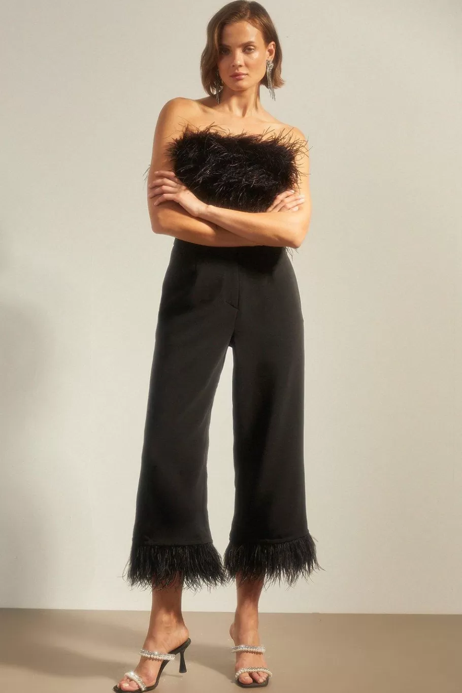 Oasis Faux Feather Hem Tailored Trouser Black Sale