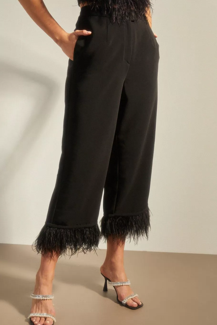 Oasis Faux Feather Hem Tailored Trouser Black Sale