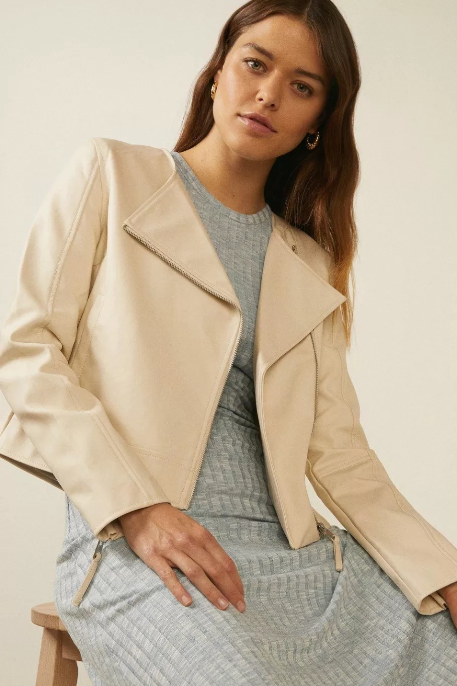 Oasis Faux Leather Collarless Jacket Cream Clearance