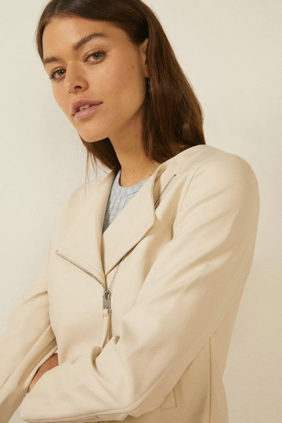 Oasis Faux Leather Collarless Jacket Cream Clearance