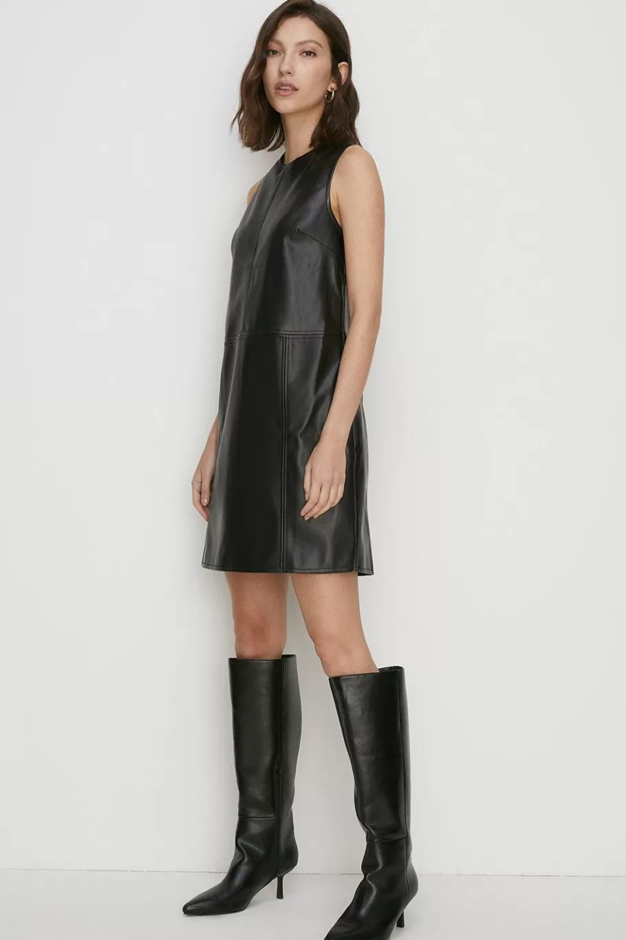 Oasis Faux Leather Seam Detail Shift Dress Black Flash Sale