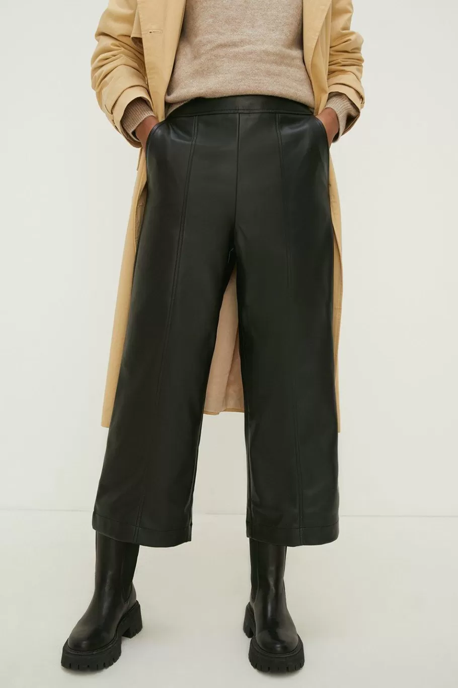 Oasis Faux Leather Seam Detail Wide Leg Trouser Black Clearance