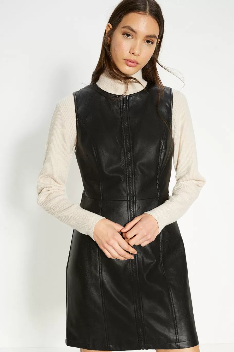 Oasis Faux Leather Zip Through Dress Black New