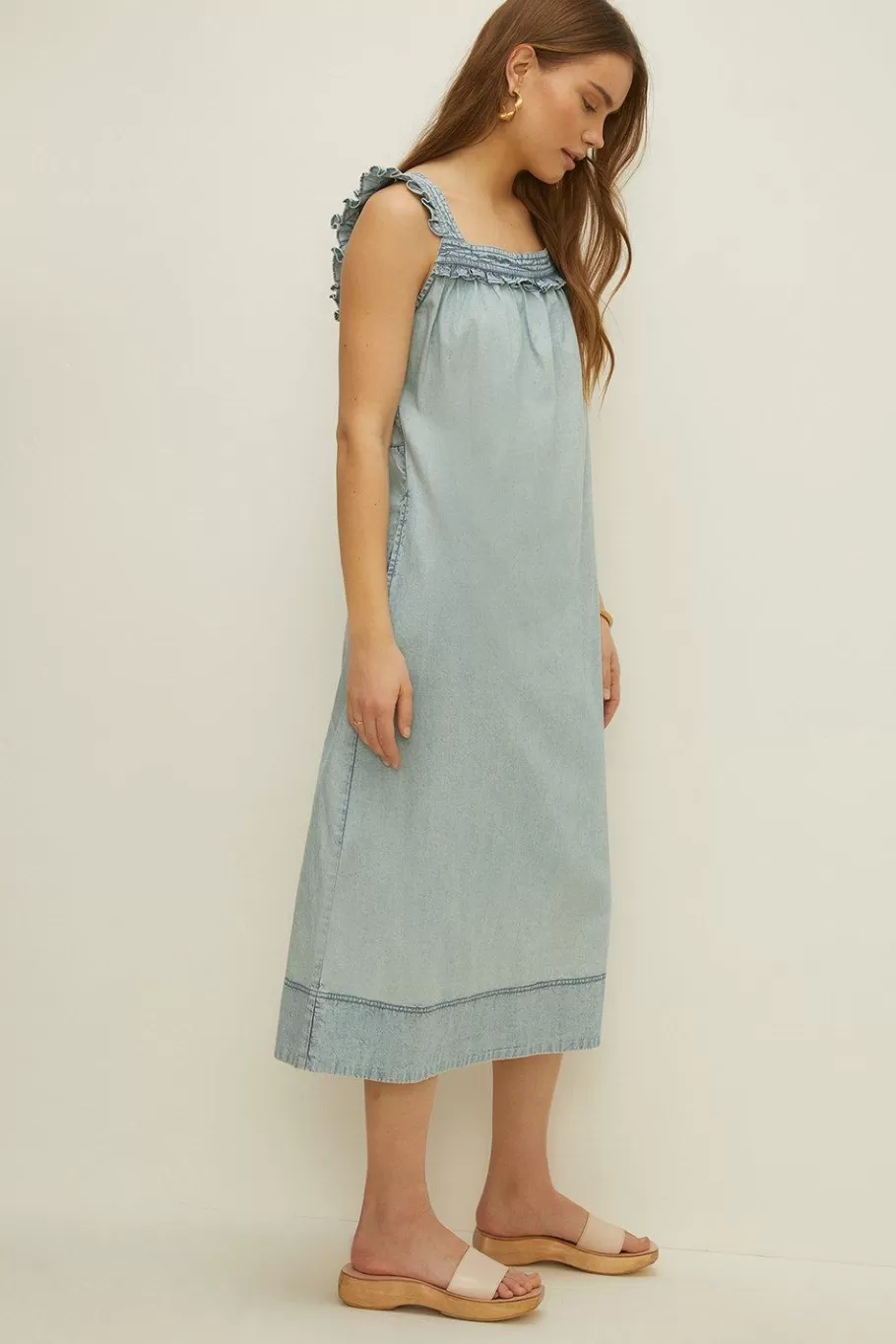 Oasis Floaty Smock Midi Dress Pale Wash Discount