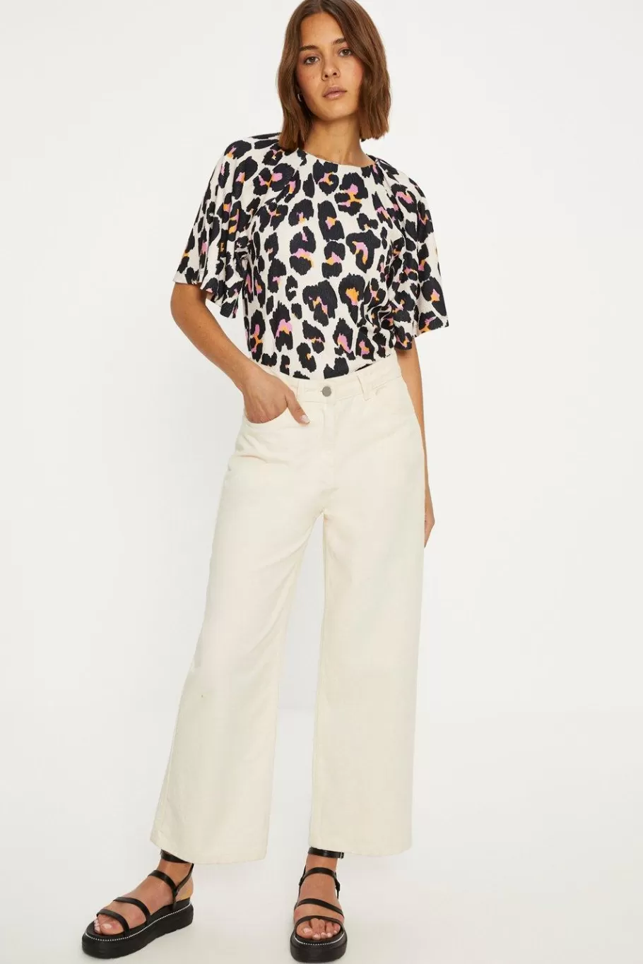 Oasis Floral Angel Sleeve Crinkle Top Ivory Online