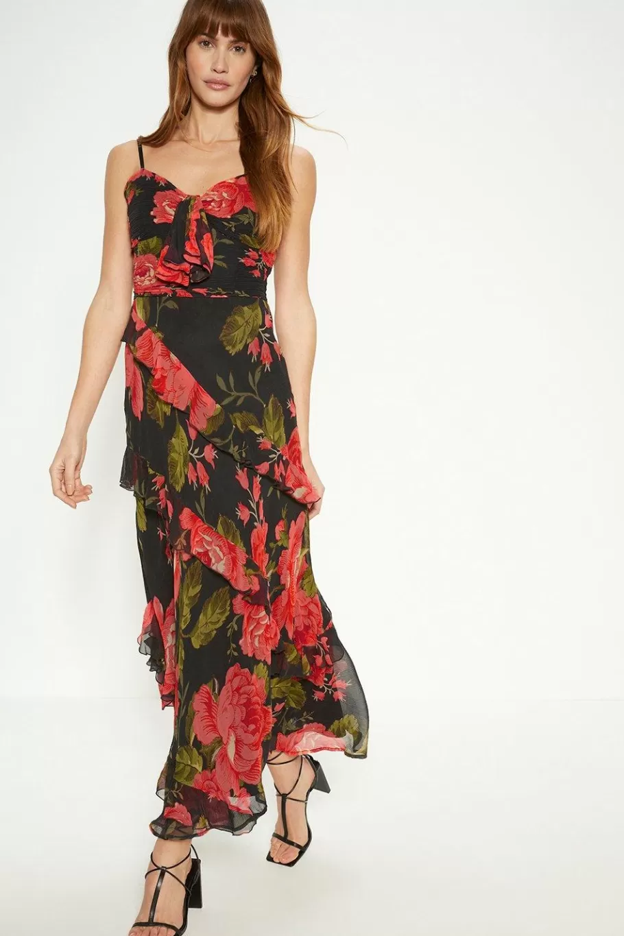 Oasis Floral Asymmetric Ruffle Tiered Strappy Midi Dress Black Store