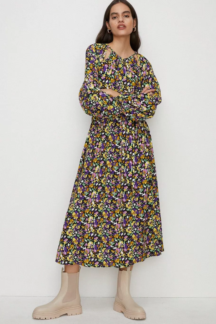 Oasis Floral Belted Blouson Sleeve Dress Multi Hot