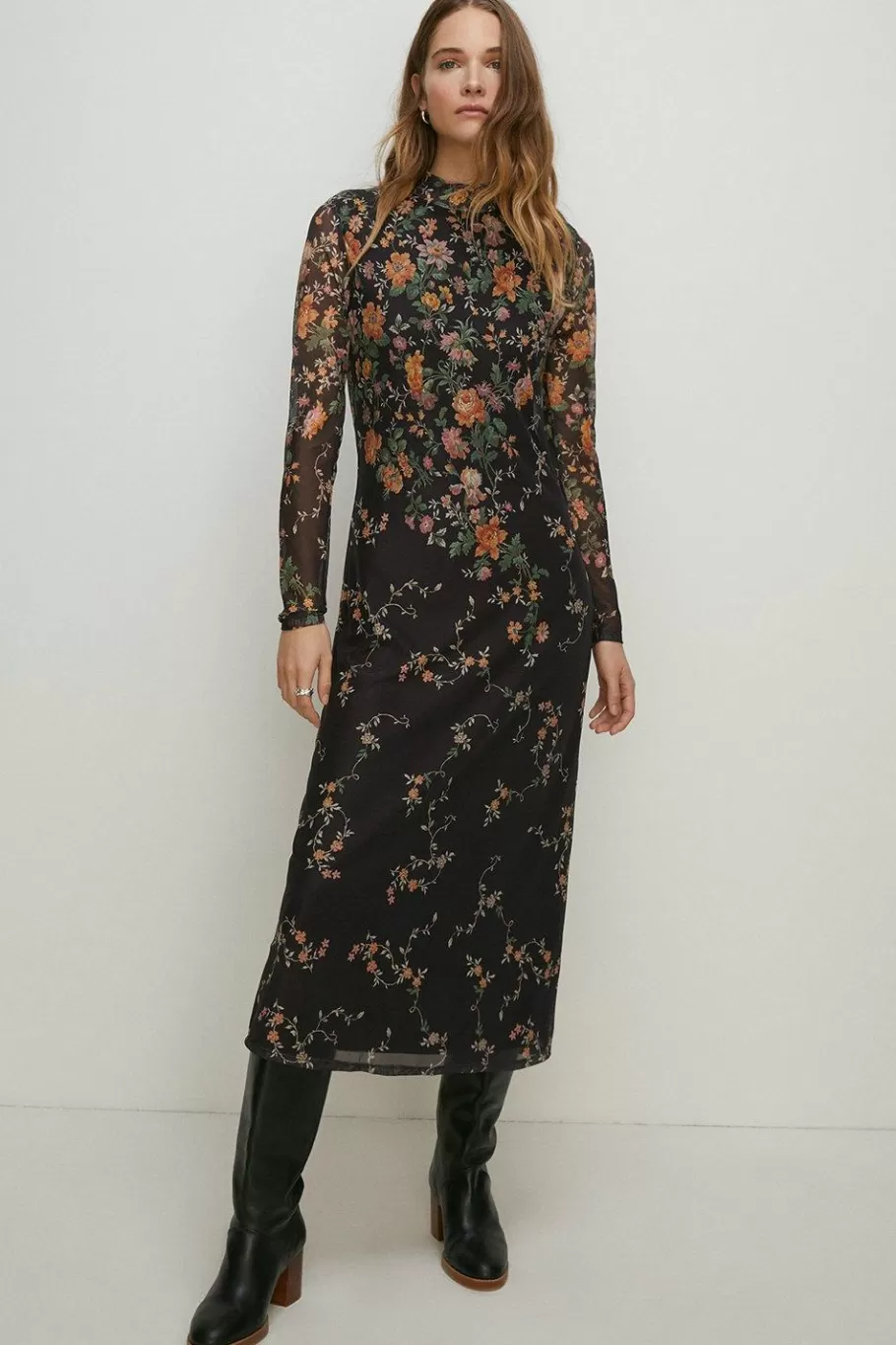 Oasis Floral Border Print Mesh Funnel Neck Midi Black Cheap