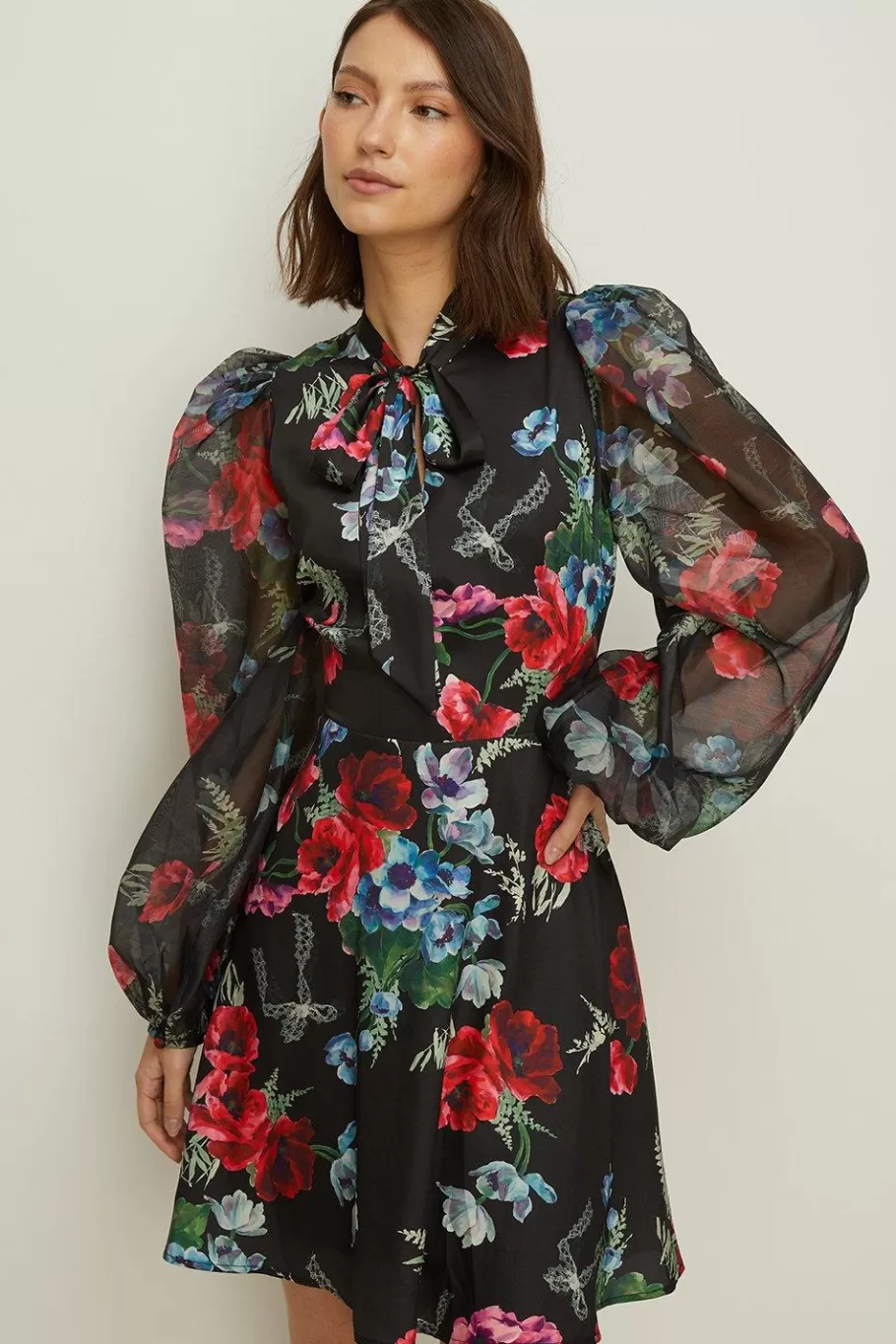 Oasis Floral Bow Balloon Sleeve Skater Dress Black Flash Sale