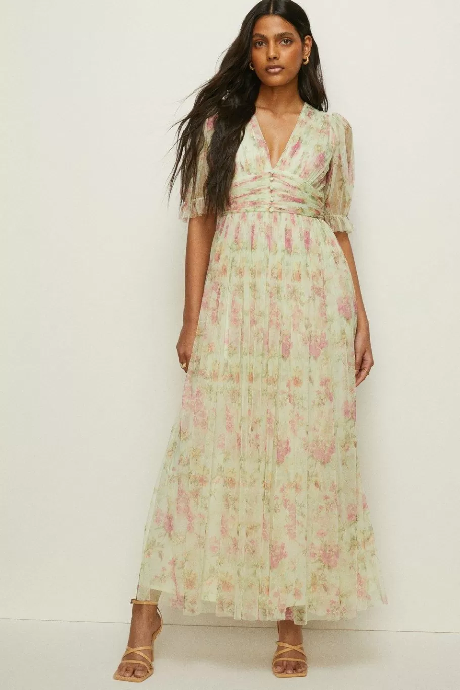 Oasis Floral Button Detail Mesh Maxi Dress Sage Online