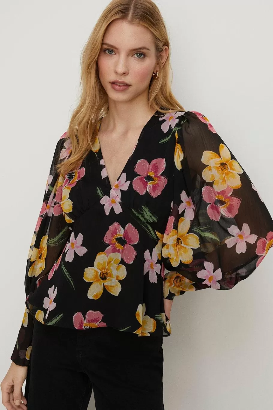 Oasis Floral Chiffon Long Sleeve Top Black Online