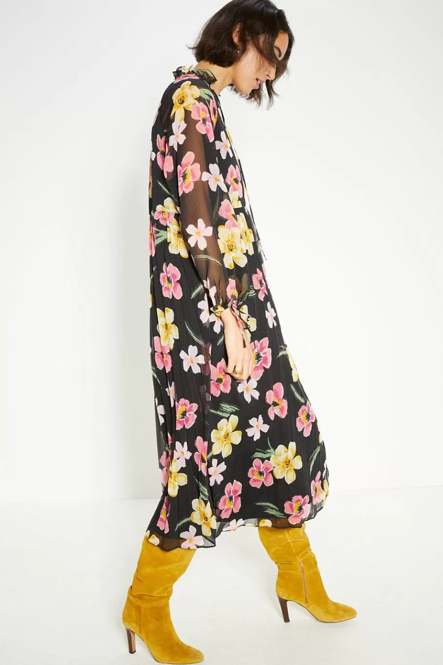 Oasis Floral Chiffon Pleated Long Sleeve Midi Dress Black Shop