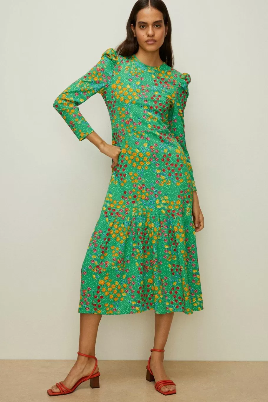 Oasis Floral Crinkle Jersey Tie Back Midi Dress Green Fashion