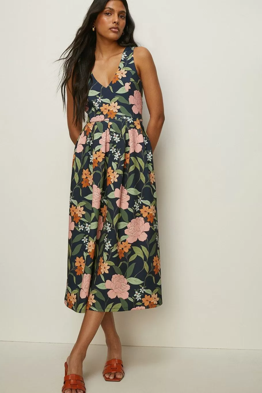 Oasis Floral Cross Back Scuba Midi Dress Navy Online