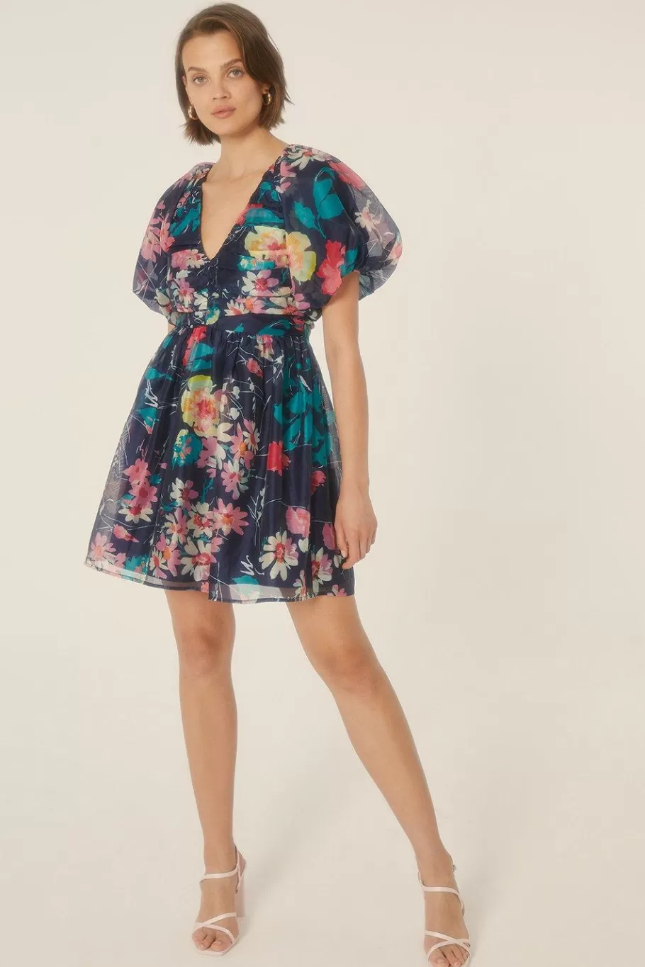 Oasis Floral Daisy Organza V Neck Skater Dress Navy Sale