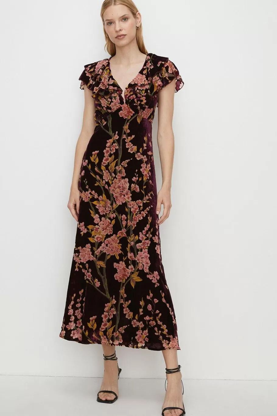 Oasis Floral Devore Ruffle V Neck Midaxi Dress Berry Outlet