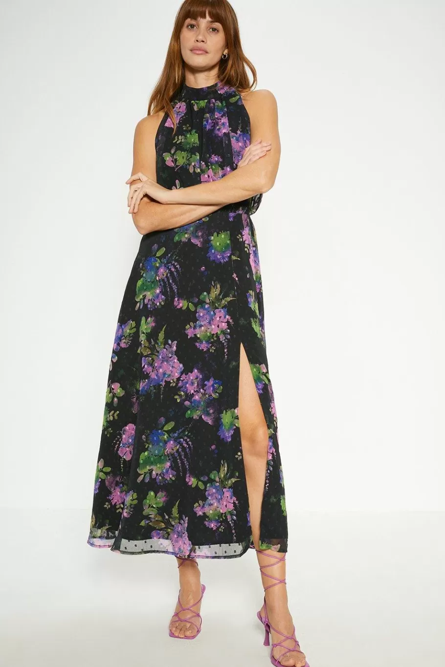 Oasis Floral Dobby Chiffon Halter Midi Dress Black Cheap