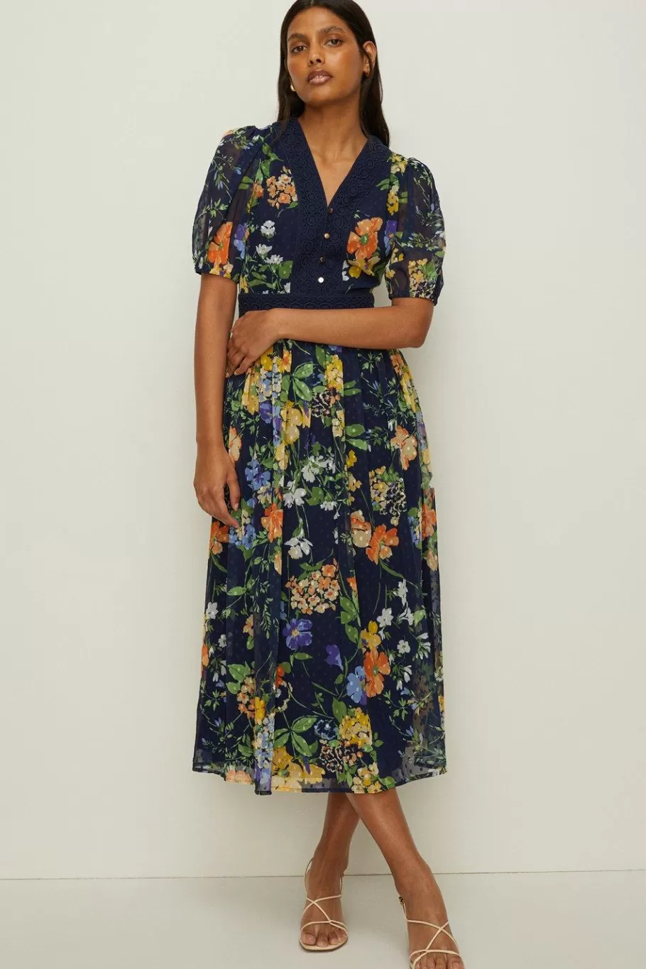 Oasis Floral Dobby Chiffon Lace V Neck Midi Dress Navy Hot