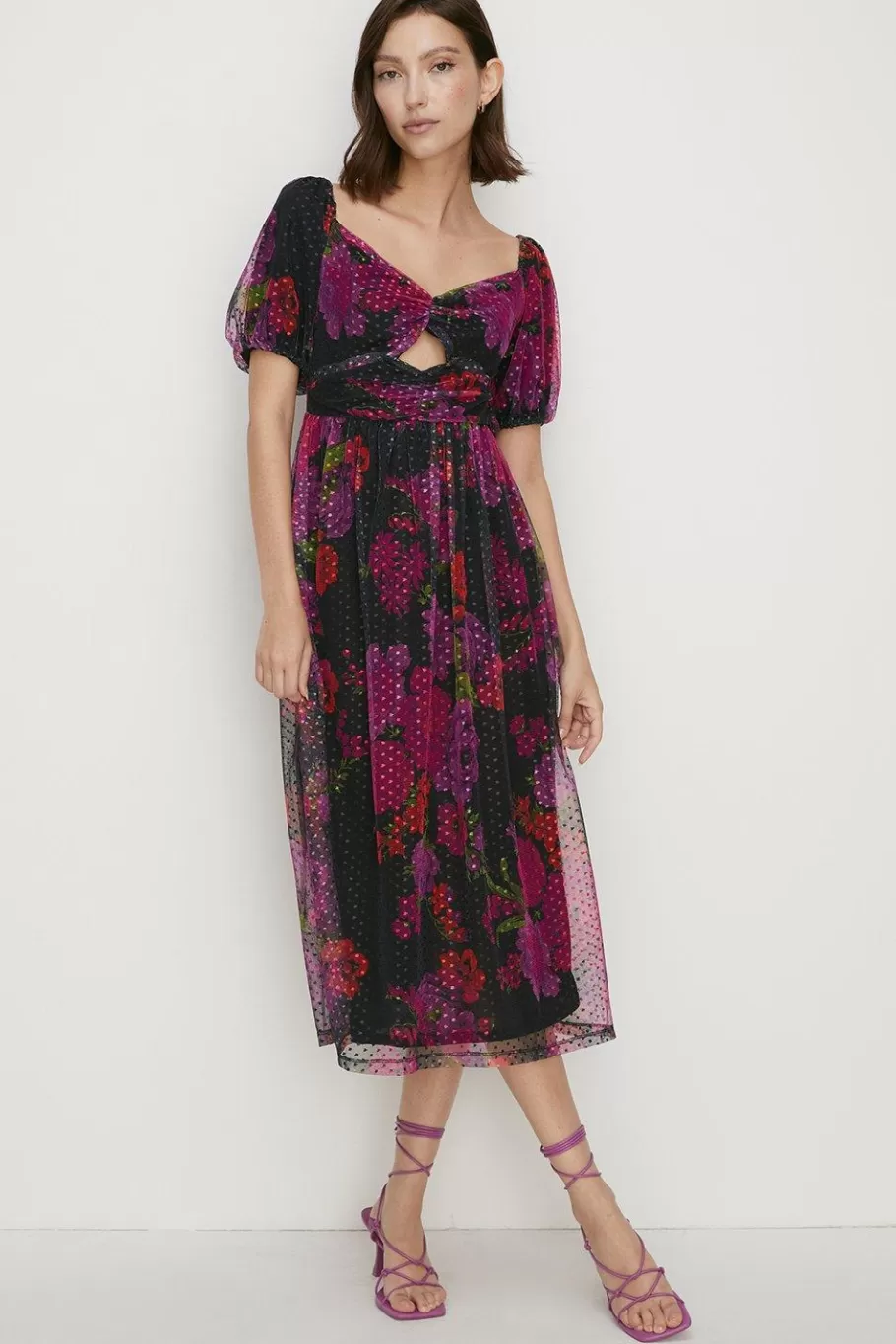 Oasis Floral Dobby Mesh Puff Sleeve Midi Dress Black Hot