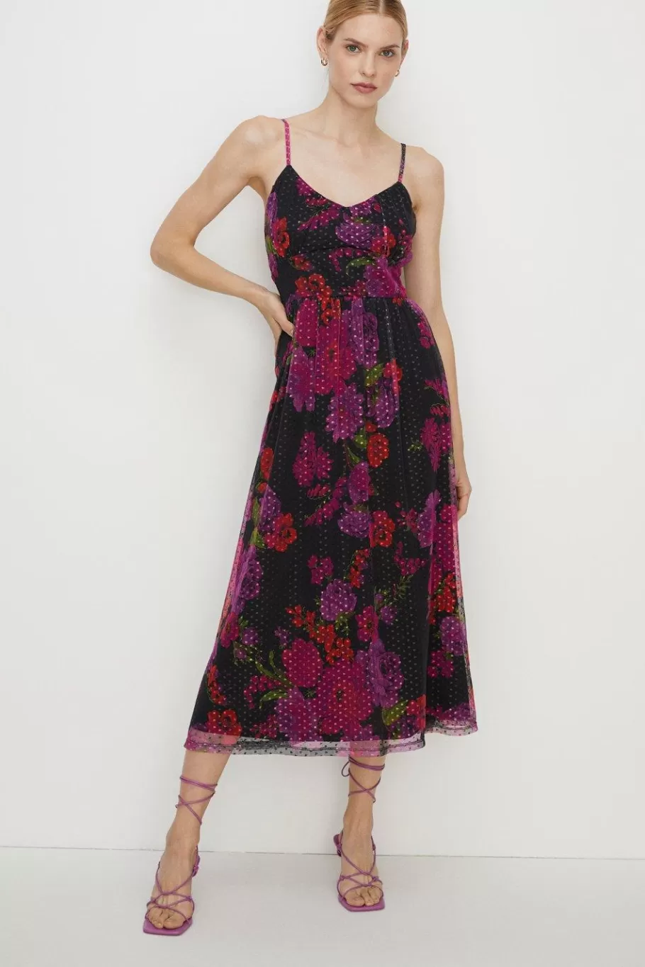 Oasis Floral Dobby Mesh Strappy Midi Dress Green Flash Sale