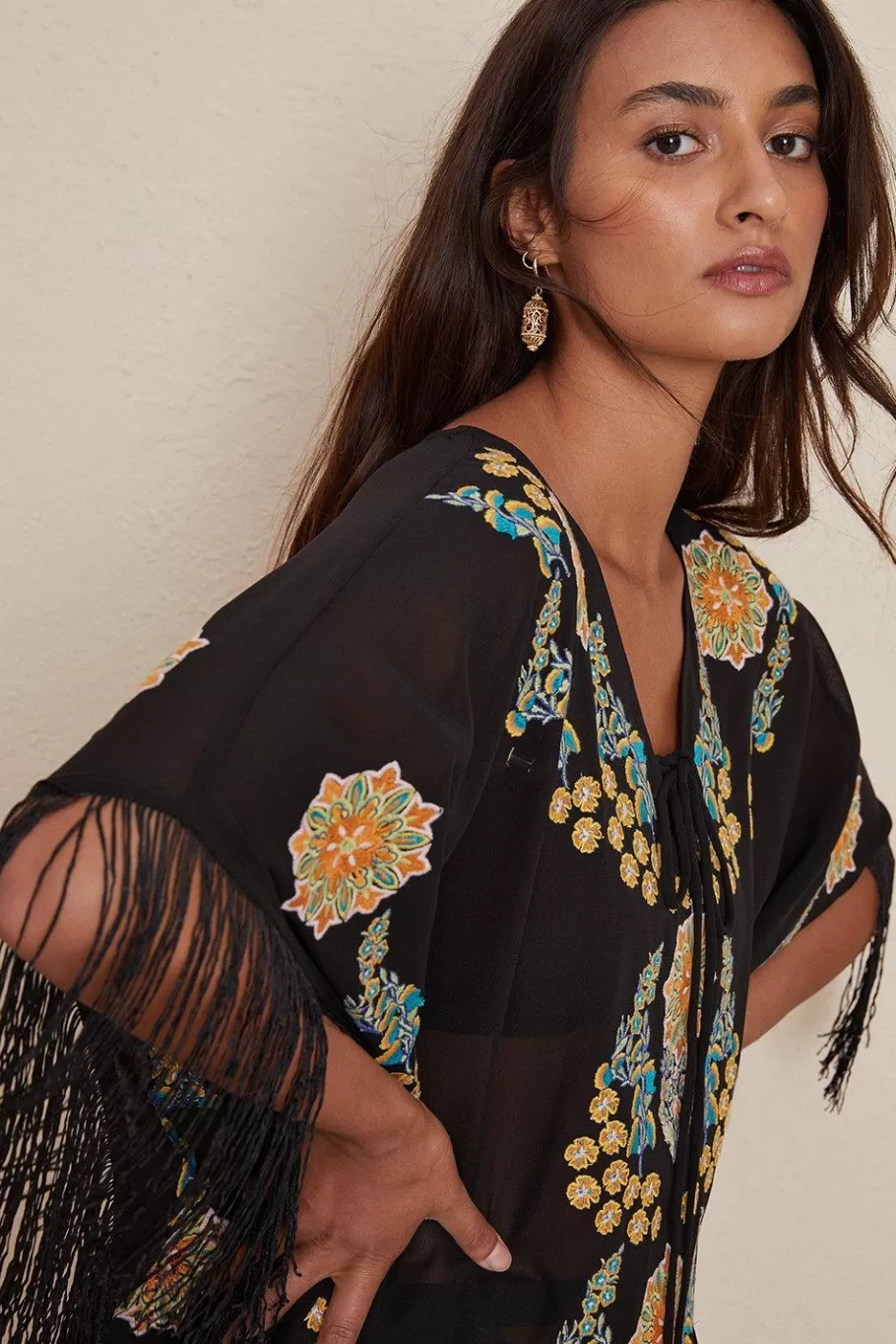 Oasis Floral Embroidered Fringed Kaftan Black Cheap