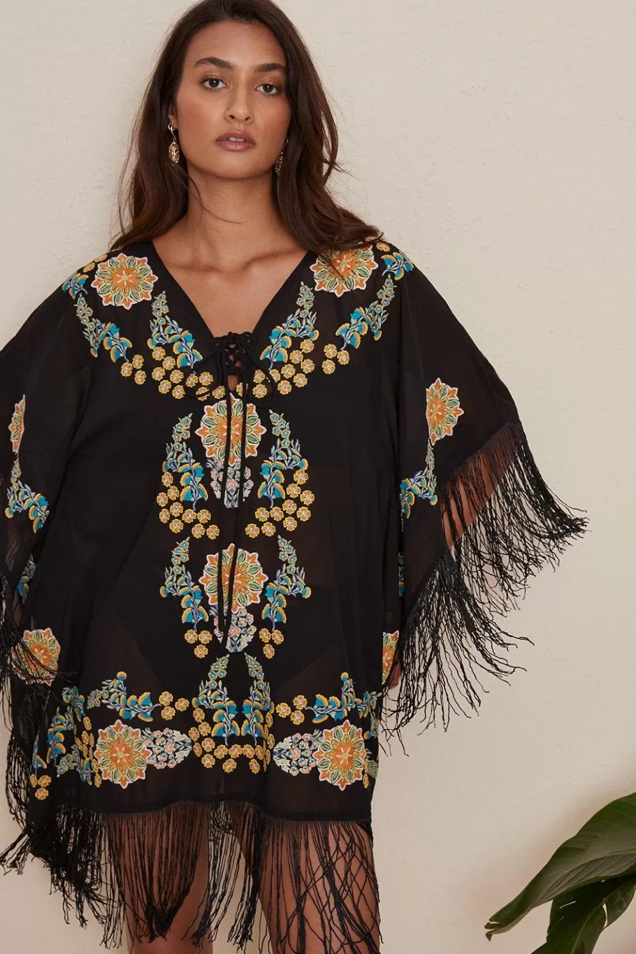 Oasis Floral Embroidered Fringed Kaftan Black Cheap