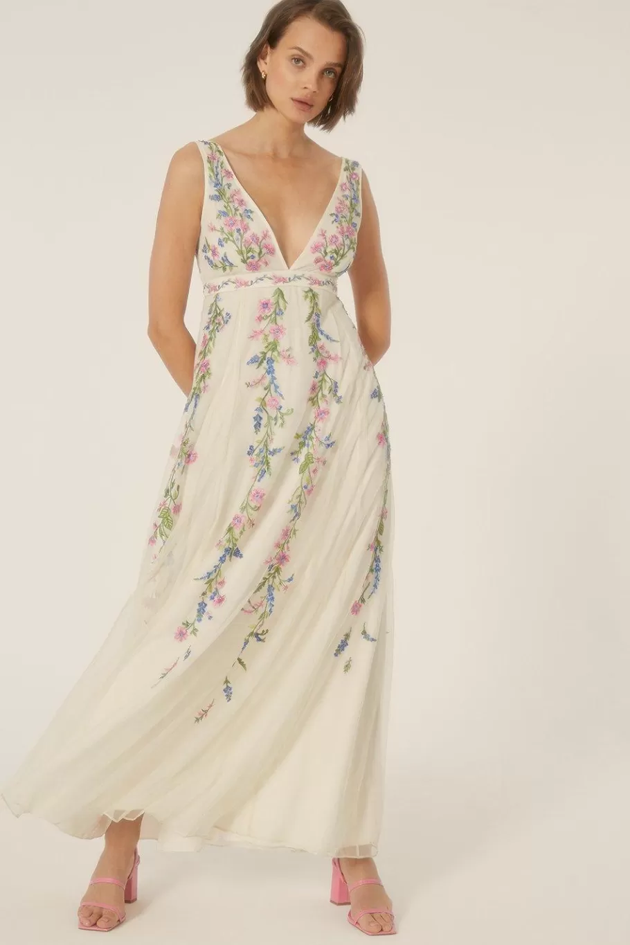 Oasis Floral Embroidered Plunge Maxi Dress Ivory Flash Sale