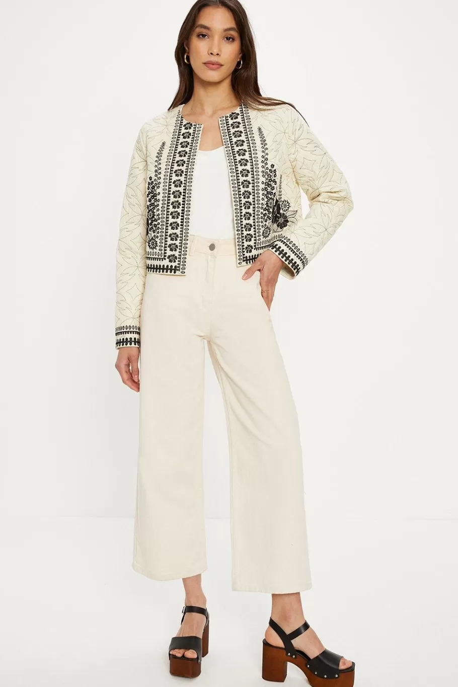 Oasis Floral Embroidered Poplin Quilted Jacket Ivory Sale