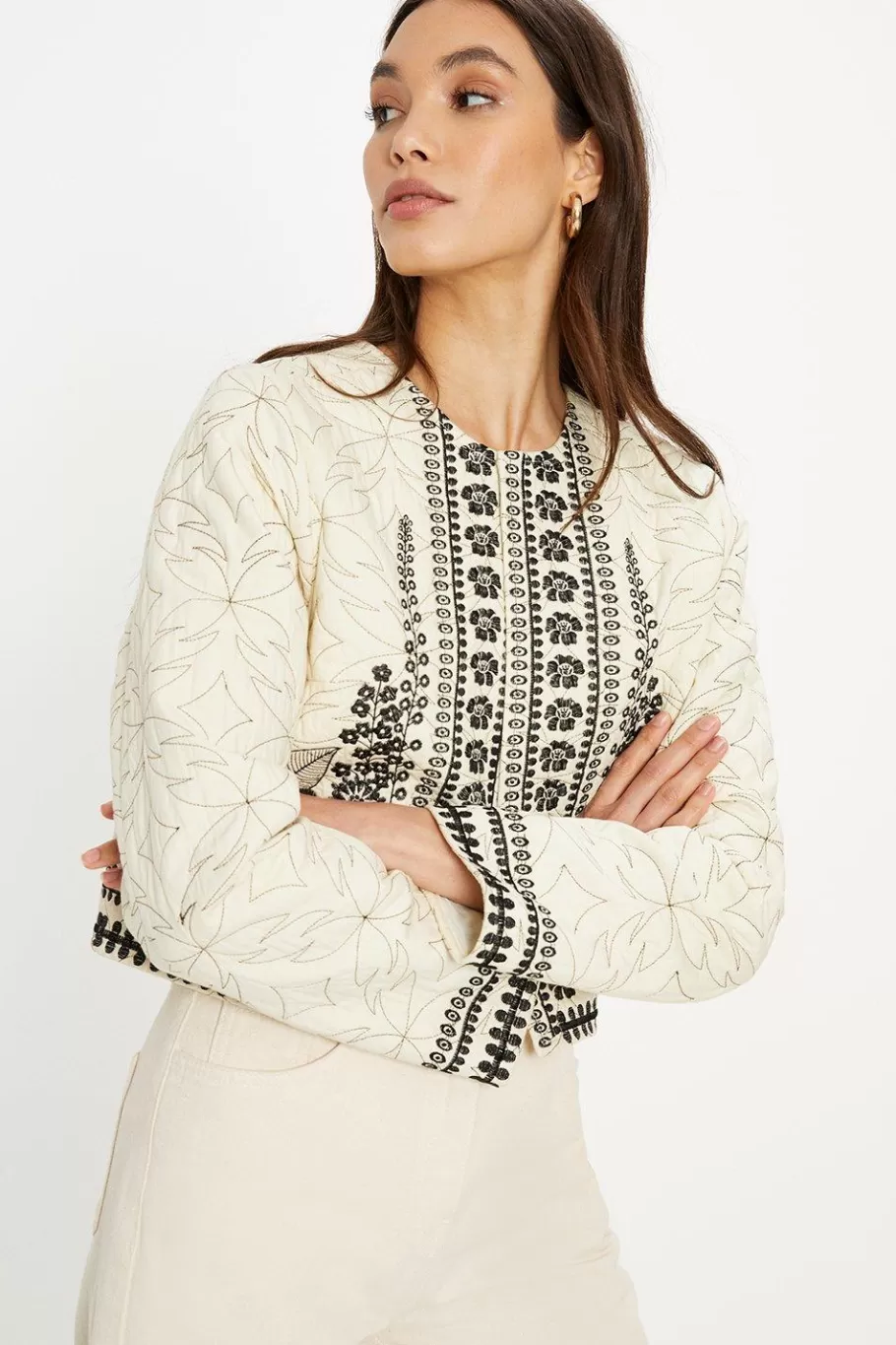 Oasis Floral Embroidered Poplin Quilted Jacket Ivory Sale