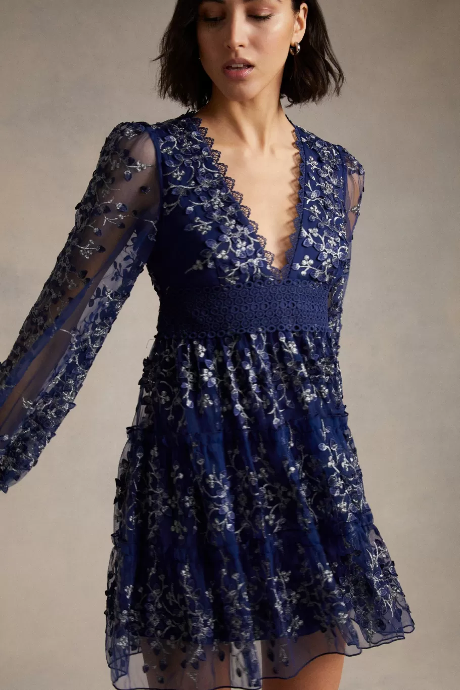 Oasis Floral Embroidered Tulle V Neck Skater Dress Navy Clearance