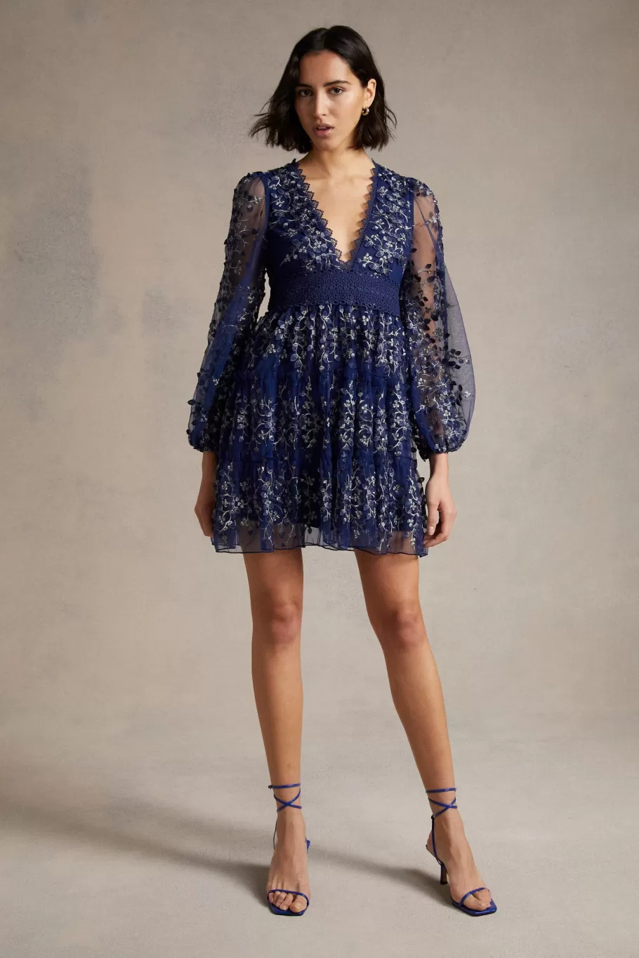 Oasis Floral Embroidered Tulle V Neck Skater Dress Navy Clearance