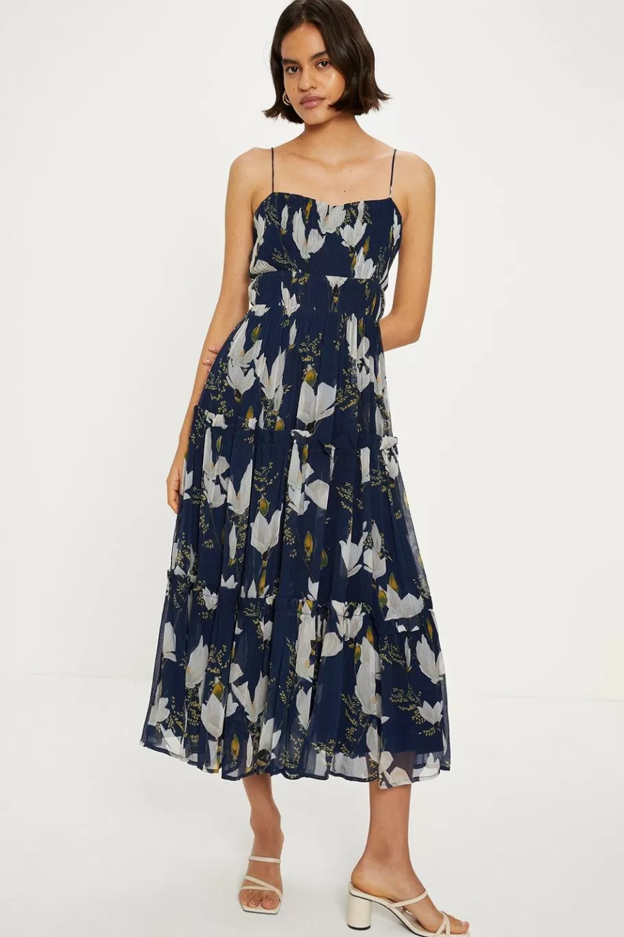 Oasis Floral Gathered Tiered Strappy Midi Dress Navy Best Sale