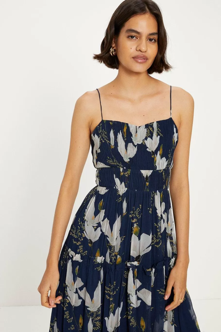 Oasis Floral Gathered Tiered Strappy Midi Dress Navy Best Sale