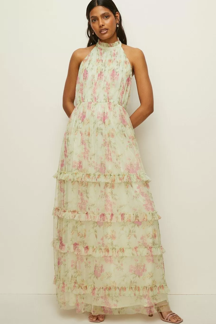 Oasis Floral Halter Neck Tiered Mesh Maxi Dress Sage Sale